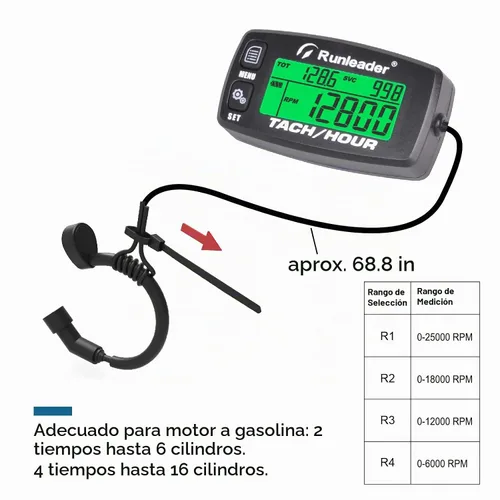 Vista 4 de Runleader Tacómetro digital de motor de gas, registro de horas y rpm, medidor de horas de luz de fondo, batería reemplazable para cortacésped