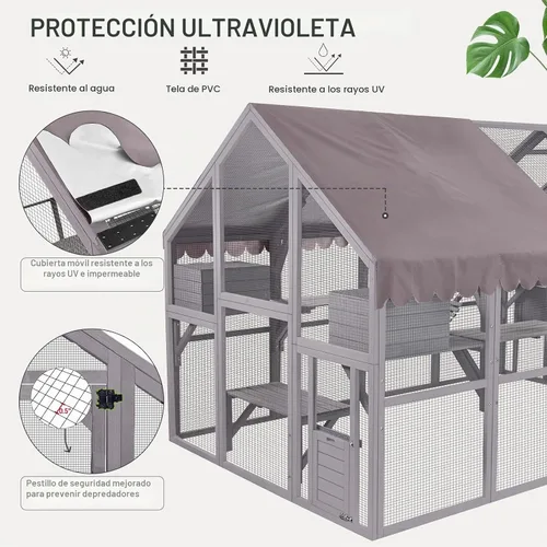 Vista 3 de Gran recinto para gatos Catio al aire libre, resistente a la intemperie, con techo impermeable, múltiples plataformas, hamaca para cueva de gato