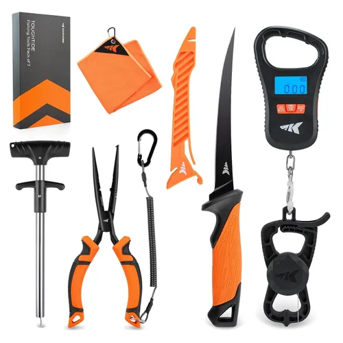Vista 13 de KastKing ToughTide - Juego de 5 herramientas de pesca, báscula digital recargable para peces de 65 libras con agarre de labios y cinta métrica