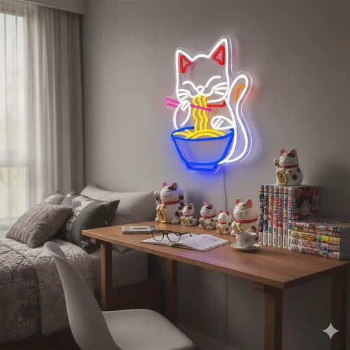 Vista 3 de Letrero de neón de gato de la fortuna Ramen, letrero de neón LED de gato de la suerte japonés regulable para decoración de pared, alimentado por USB