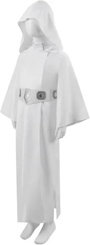 Vista 2 de Disfraz de princesa Leia para niños, disfraz clásico de lujo blanco, vestido con capucha para Halloween