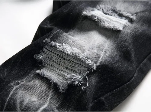 Vista 2 de Pantalones rajados para hombre, de mezclilla, ajuste regular, pierna acampanada, de corte entallado, con agujeros, pantalones de hombre de mezclilla