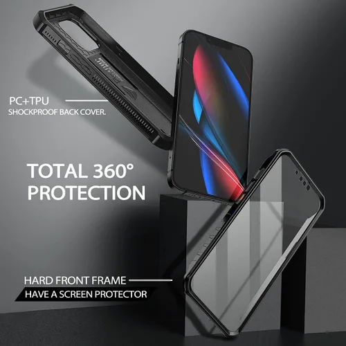 Vista 3 de Dexnor Funda para iPhone 13 Pro Max de 6.7 pulgadas 2021, [Protector de pantalla y soporte integrados] Protección de grado militar resistente a Negro