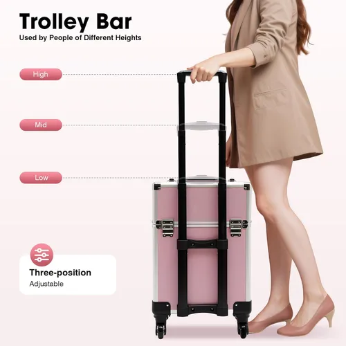 Vista 4 de Estuche profesional de tren de maquillaje rodante, estuches de aleación de aluminio con llaves y ruedas giratorias, estuche portátil de peluquería