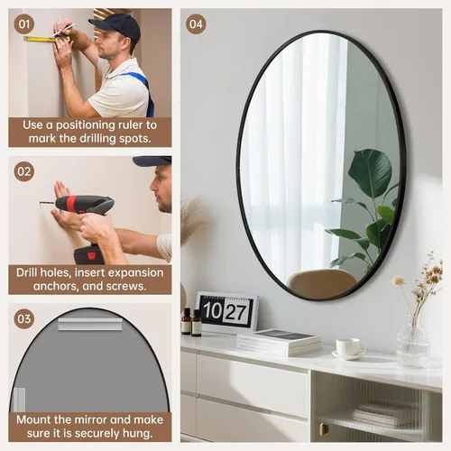 Vista 6 de Espejo ovalado negro para baño, espejo de baño ovalado de 22 x 30 pulgadas con marco de metal cepillado, espejo de tocador decorativo montado