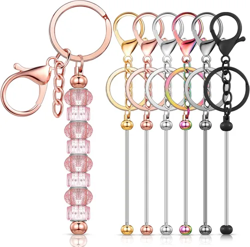 Vista 8 de Huwena 6 piezas de llaveros con cuentas, barras en blanco, llavero de cuentas de metal para colgante, manualidades, joyería, regalo