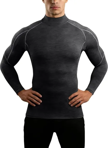 Vista 10 de Camisa de compresión para hombre, cuello alto falso raglán de manga larga, camiseta interior elástica de capa base atlética