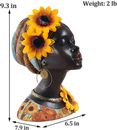 Vista 2 de Estatua de busto de arte africano, decoración del hogar, figuras de niña de girasol africano, decoración del hogar, escultura de busto afroamericana