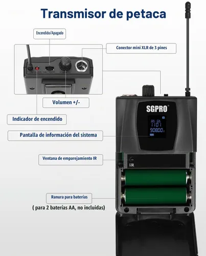 Vista 2 de SGPRO D-332BB Sistema de micrófono inalámbrico dual con micrófonos Bodypack