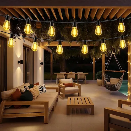 Vista 7 de Luces de Cadena para Exteriores 50 pies IP65 Impermeables Luces de Patio con 15 + 2 Bombillas LED Irrompibles Grado Comercial Luces de Cadena LED