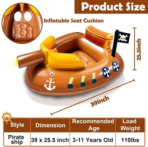 Vista 2 de Flotadores inflables de piscina de barco pirata para niños de 3 a 11 años con cañón de agua, juguetes de piscina, flotadores de fiesta para niños