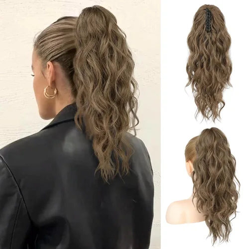 Vista 18 de FLUFYMOOZ Extensión de cola de caballo, extensión de cola de caballo con clip de garra de 18 pulgadas, extensiones de cabello ondulado y rizado
