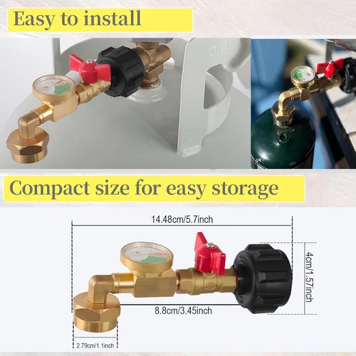 Vista 3 de Adaptador de recarga de propano de 20 libras a 1 libra, adaptador de codo de recarga de propano con válvula y medidor, apto para tanque de propano