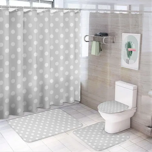 Vista 41 de Juego de 3 alfombras de baño con diseño de lunares, color azul aguamarina, antideslizante, con contorno en forma de U y tapa de inodoro