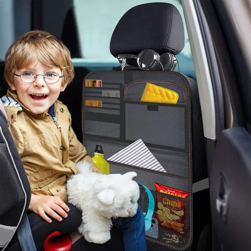 Vista 5 de Organizador de asiento trasero de automóvil de tela Oxford con bandeja plegable para usar como mesa infantil y bolsa de viaje para guardar artículos