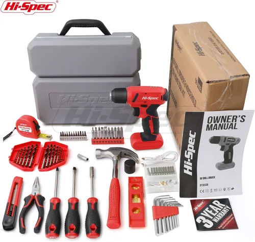 Vista 7 de Hi-Spec Juego de 58 piezas de taladro inalámbrico rojo de 8V USB de energía eléctrica y kit de herramientas de bricolaje para el hogar. Accesorios