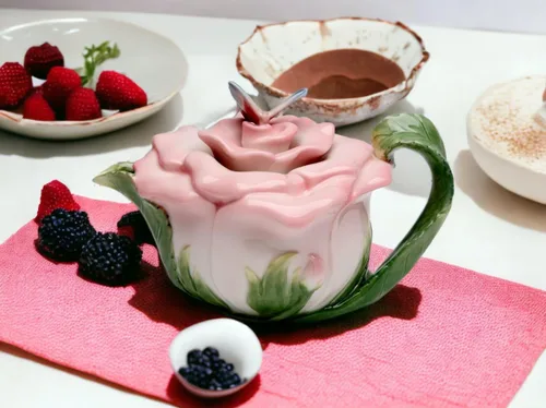 Vista 3 de Tetera de porcelana rosa rosa con mariposa en la parte superior de la tapa, 7 7/8" L