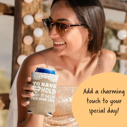 Vista 4 de Enfriadores de latas de boda rústicos personalizados - Diseño de arpillera "To Have and To Hold" - Personalizado con nombres y fecha - Juego de 25