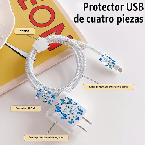 Vista 2 de Lindos protectores de cable para iPhone Funda de carga bonita elegante patrón de mariposas azules diseño único cable de datos cargador de línea