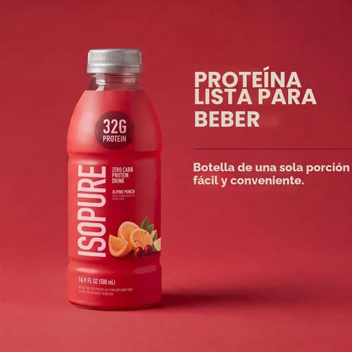 Vista 2 de Isopure Zero Carb 32g Proteína Transparente Lista para Beber, Aislado de Proteína de Suero, Ponche Alpino, 12 Paquetes (El empaque puede variar)