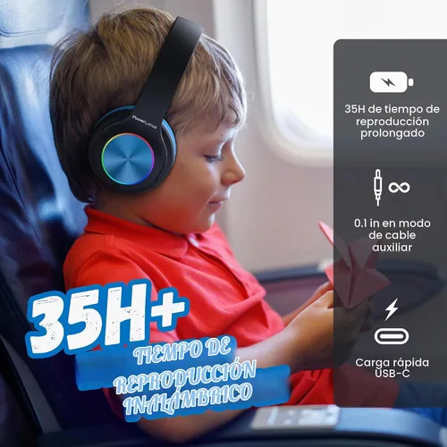 Vista 9 de PowerLocus PLED Auriculares Bluetooth para Niños, Auriculares Inalámbricos para Niños con Luces LED, Volumen Seguro de 74/85/94dB, Micro SD, Cable