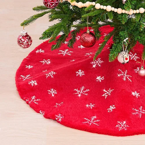 Vista 14 de Falda de árbol pequeña de 24 pulgadas, falda de árbol de piel sintética blanca de Navidad de 4 pies, mini copos de nieve de lentejuelas doradas