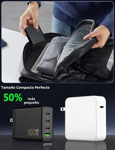 Vista 7 de Bloque de cargador USB C de 100 W, cargador rápido GaN de 4 puertos compatible con MacBook Pro, MacBook Air, Google Pixelbook, ThinkPad, Dell XPS