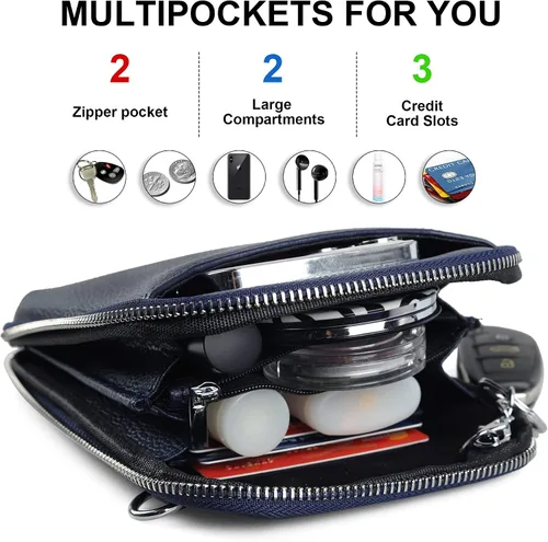 Vista 2 de befen Bolso cruzado de cuero genuino para teléfono celular para mujer, bolso cruzado pequeño con cremallera alrededor de la cartera