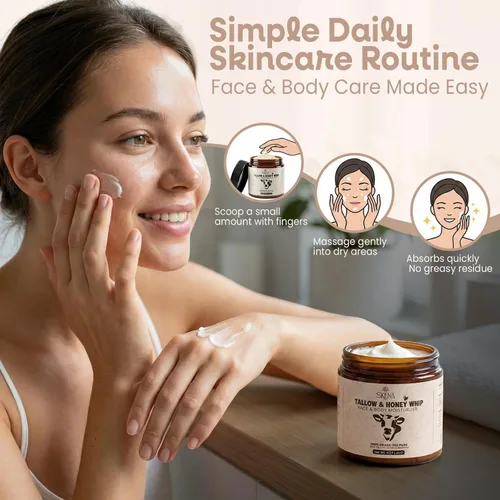 Vista 4 de Hidratante de sarga de carne alimentada con pasto con miel y cera de abejas, crema facial batida para hidratación profunda, bálsamo facial