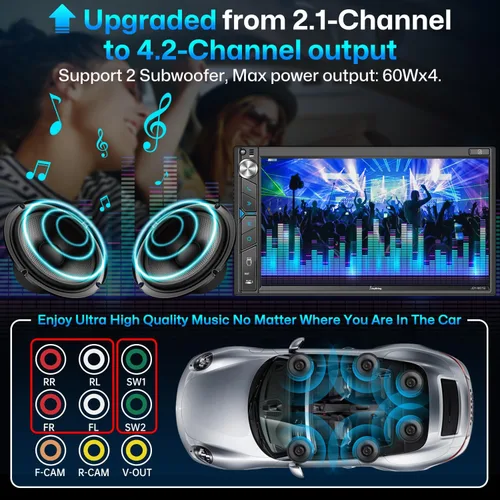 Vista 3 de Estéreo de auto doble DIN con cámara de salpicadero, control de voz Carplay, Android Auto, controles del volante, pantalla táctil HD de 7 pulgadas