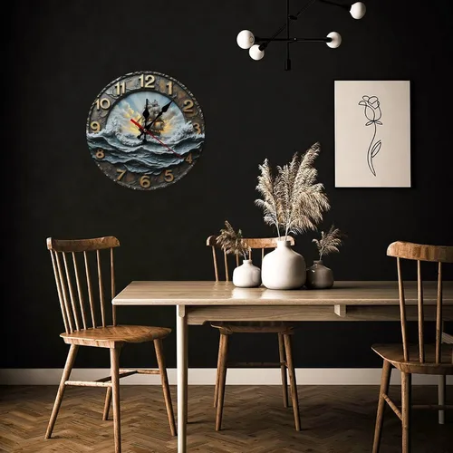 Vista 6 de Relojes de pared con estampado de velero retro para sala de estar, relojes de pared con pilas, silenciosos, sin tictac, 10 pulgadas, impresión 2D