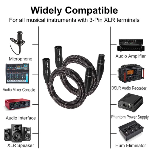 Vista 2 de Cables XLR de 1 pie, 2 paquetes, 3 pines XLR macho a hembra para micrófono Cables de conexión equilibrados trenzados cortos blindados