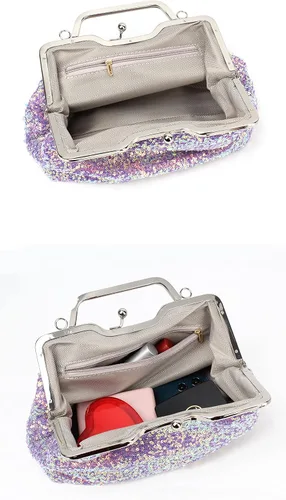 Vista 4 de Mini bolso de noche con lentejuelas con purpurina para mujer, bolso de mano de metal con asa superior, correa de cadena, bolso cruzado