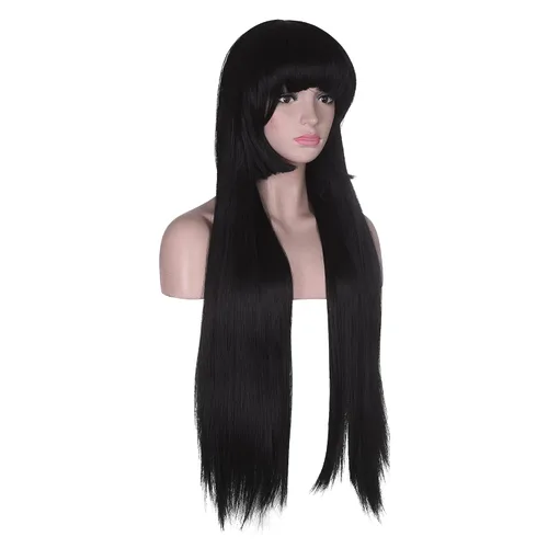 Vista 3 de Kakegurui - Peluca larga y recta negra con flequillo para anime Jabami Yumeko Cosplay Hair Halloween