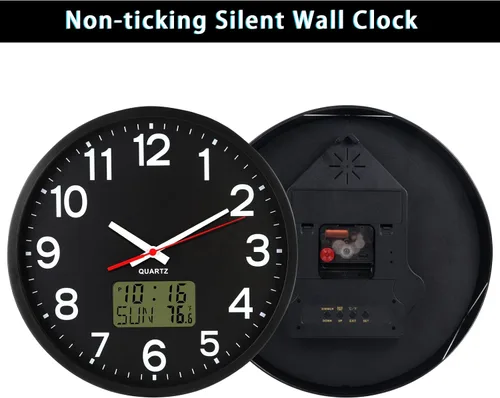 Vista 12 de Reloj de pared analógico de 12 pulgadas, silencioso, sin tictac, reloj de pared grande de cuarzo con LED nocturno, reloj de pared decorativo a