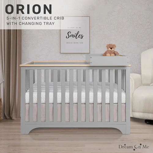 Vista 2 de Dream On Me Orion - Cuna convertible 5 en 1 con cambiador en gris guijarro vintage, certificado JPMA y Greenguard Gold, hecha de madera de pino