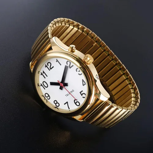 Vista 7 de Reloj parlante inglés habla la hora, fecha o hora de alarma para ancianos, vista o ciego. Números negros con cara blanca con correa de expansión