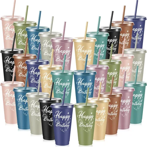 Vista 7 de Uiifan 30 vasos de cumpleaños a granel con tapas y pajitas, vasos reutilizables de color morado y rosa para regalos de fiesta, regalos de devolución