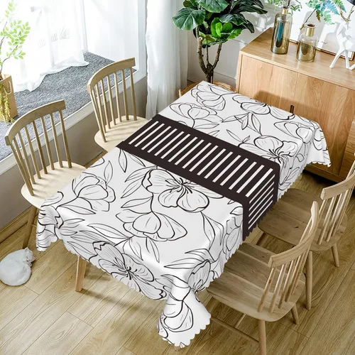 Vista 5 de Mantel rectangular floral de 52 x 70 pulgadas, color blanco y negro, estampado floral, a prueba de derrames y aceite, para cocina, comedor