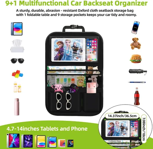 Vista 4 de Organizador de asiento trasero de automóvil de 2 piezas con bandeja plegable, 9 + 2 bolsillos, organizador y almacenamiento para automóvil