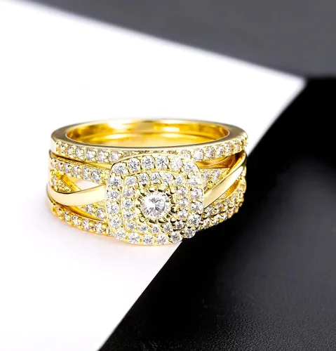 Vista 3 de MDFUN Three-in-One ring set Square Halo Wedding Band Set Engagement Ring 18K WhiteYellow Gold Plated Cubic Zirconia Promise ring Eternity Ring for