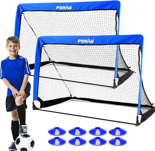 Vista 12 de Portería de fútbol portátil de Poray con red emergente para niños y adultos con tela Oxford de 210D y estacas extra, regalo de cumpleaños