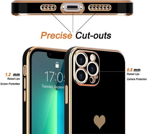 Vista 3 de Teageo Funda para iPhone 13 Pro para mujeres y niñas, diseño de corazón de amor, cubierta trasera suave, protección completa de la cámara, Negro
