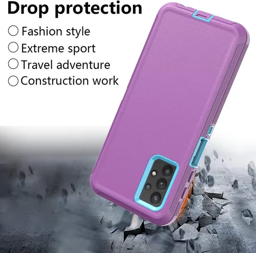 Vista 4 de Funda resistente para Galaxy A32 5G, no compatible con 4G, con clip, a prueba de golpes, a prueba de caídas, polvo, morado y azul cielo