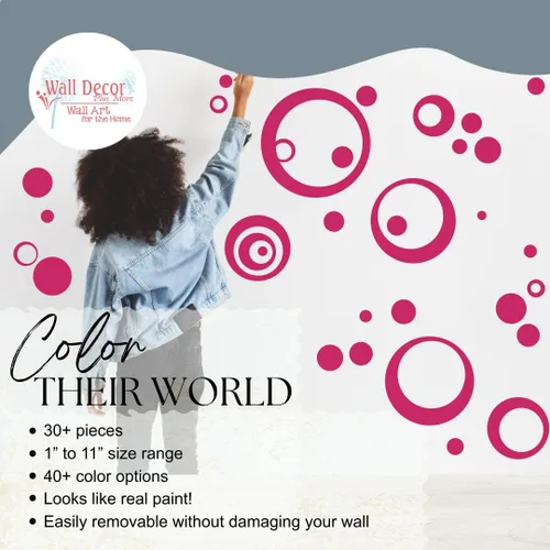 Vista 2 de Vinilo adhesivo de pared rosa intenso, círculos, burbujas, puntos 25+ PC