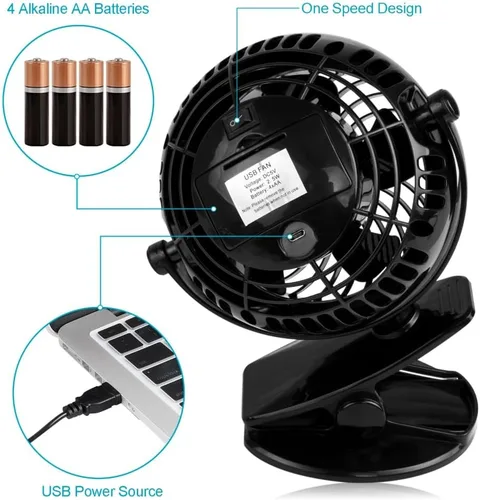 Vista 10 de Gazeled Ventilador de clip a batería, rotación de 360°, con 8 pilas AA gratis, ventilador silencioso USB o a batería, ventilador de clip portátil
