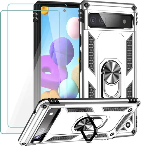 Vista 10 de Funda para Google Pixel 6a con protector de pantalla de vidrio templado [2 unidades], funda protectora de grado militar a prueba de golpes con Negro