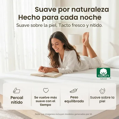 Vista 6 de Sábana bajera, 100% de algodón orgánico, tejido de percal, refrescante, ligera, ajustada, fresca, tamaño individual, color blanco brillante