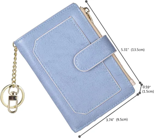 Vista 5 de Billeteras RFID pequeñas y compactas de cuero plegable para tarjetas con bolsillo con cremallera, Azul claro, beige , Compacto