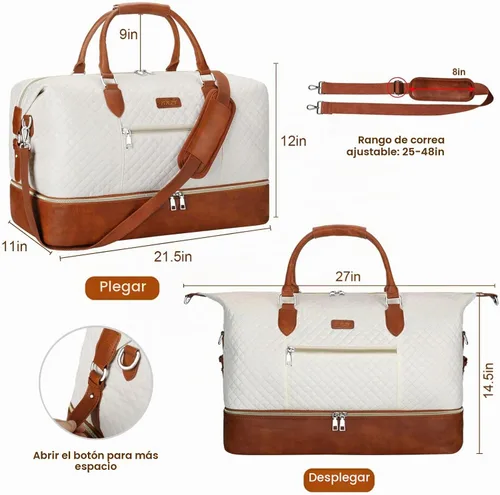 Vista 7 de Bolsa de fin de semana para mujer, bolsa de viaje de nailon, con compartimento para zapatos, tamaño grande 1-beige